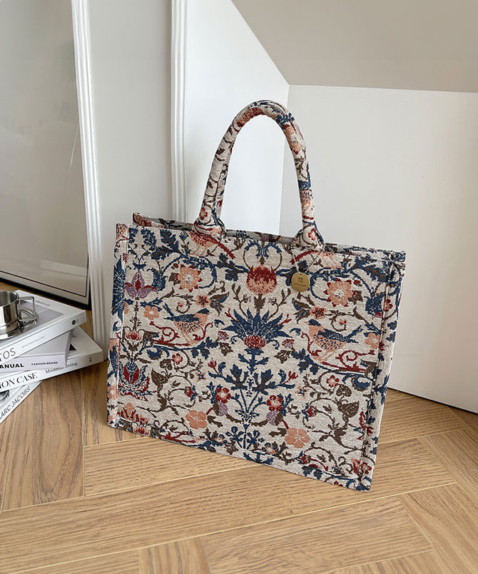 Beige Embroidered Canvas Tote Bag - Torfeo