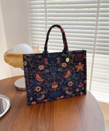 Blue Embroidered Canvas Tote Bag - Torfeo