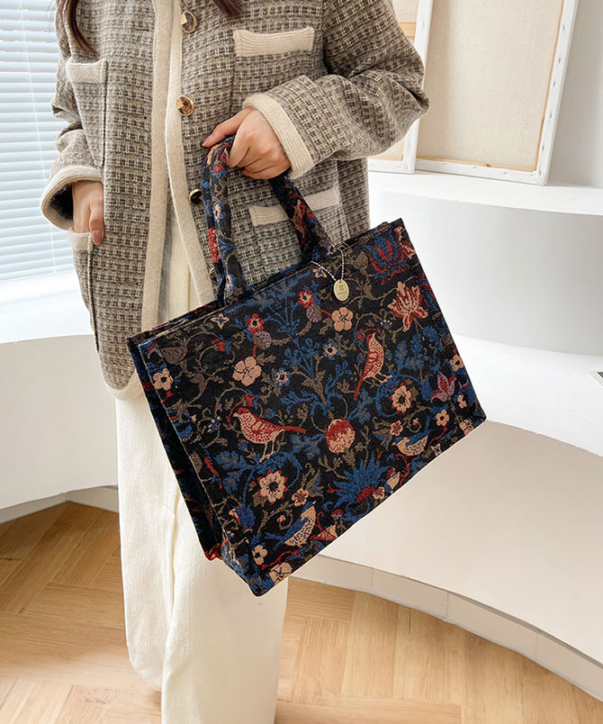 Blue Embroidered Canvas Tote Bag - Torfeo