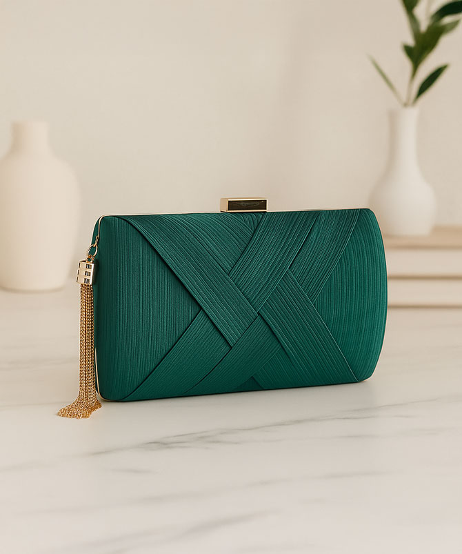 Green Criss-cross Tassel Clutch - TORFEO