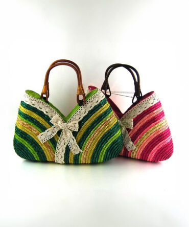 Green and Pink Lace-on Stripes Straw Bag - Torfeo