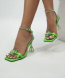 Green Rhinestone Ankle Strap Heels - Torfeo