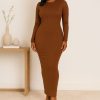 Coffee O-Neck Bodycon Maxi Dress - TORFEO