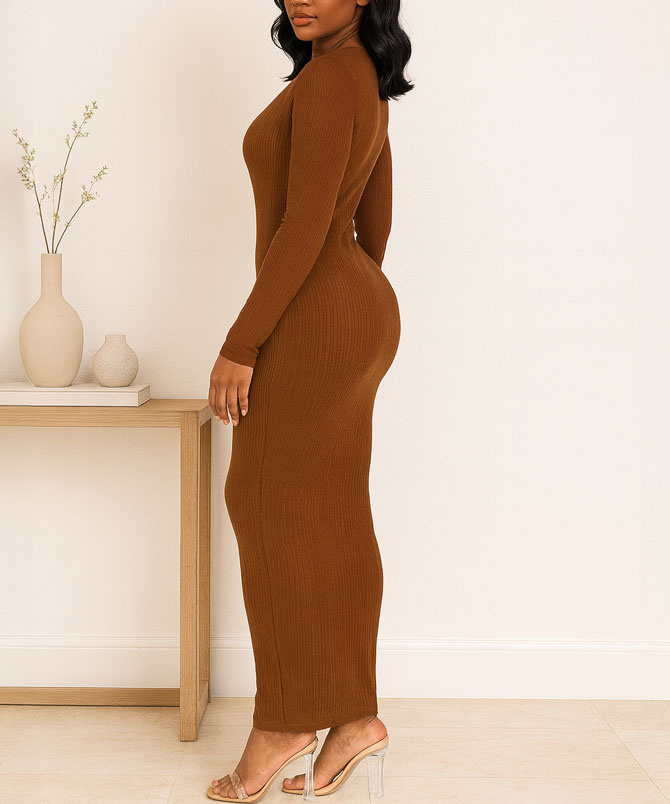 Coffee O-Neck Bodycon Maxi Dress - TORFEO