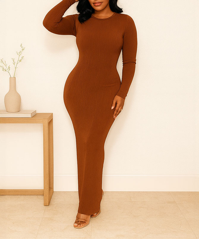 Coffee O-Neck Bodycon Maxi Dress - TORFEO