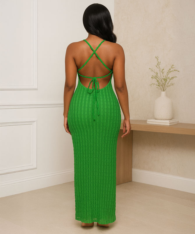 Green Spaghetti Strap Long Dress - TORFEO