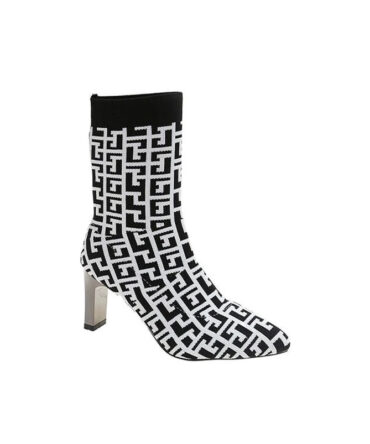 White and Black Knitted Mid-calf Sock Boots - Torfeo