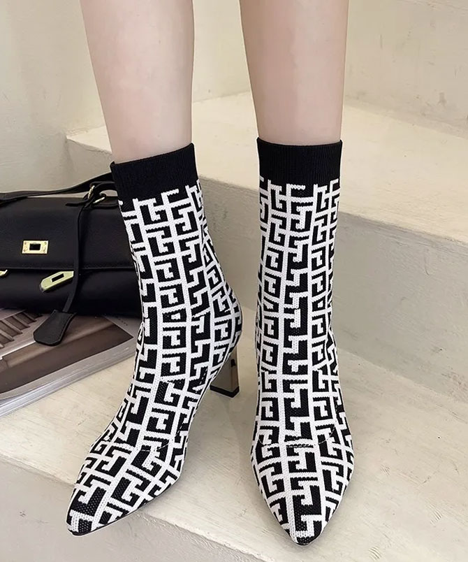 White and Black Knitted Mid-calf Sock Boots - Torfeo