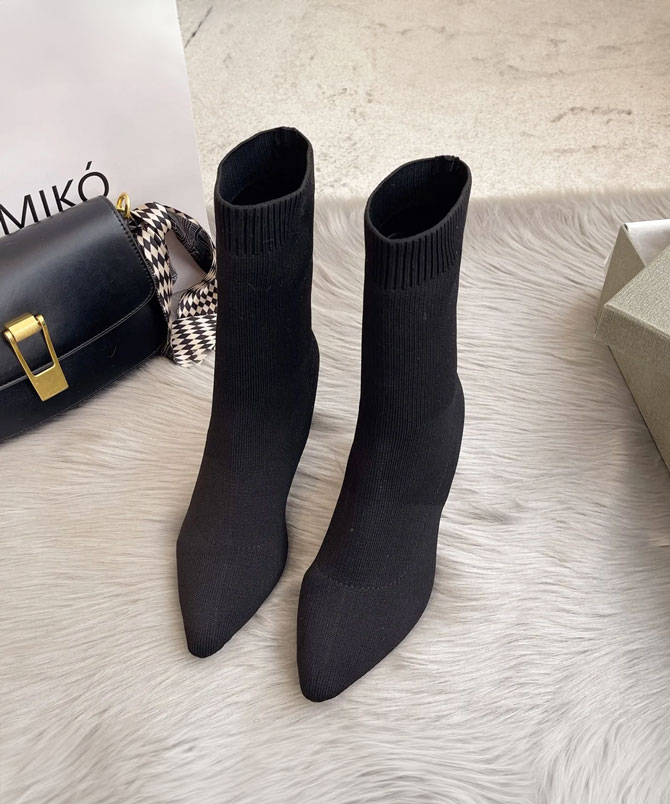 Black Knitted Mid-calf Sock Boots - Torfeo