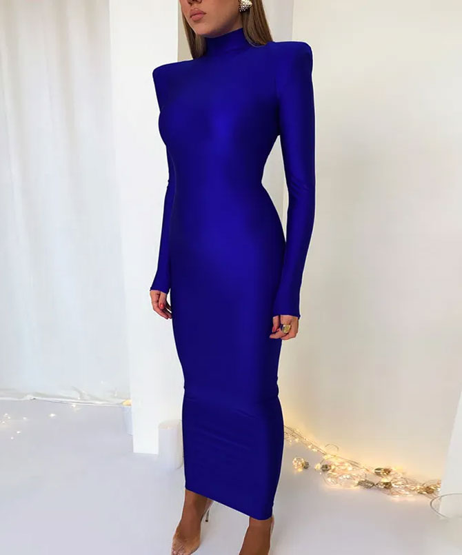 Blue Long Sleeve Bodycon Dress - Torfeo