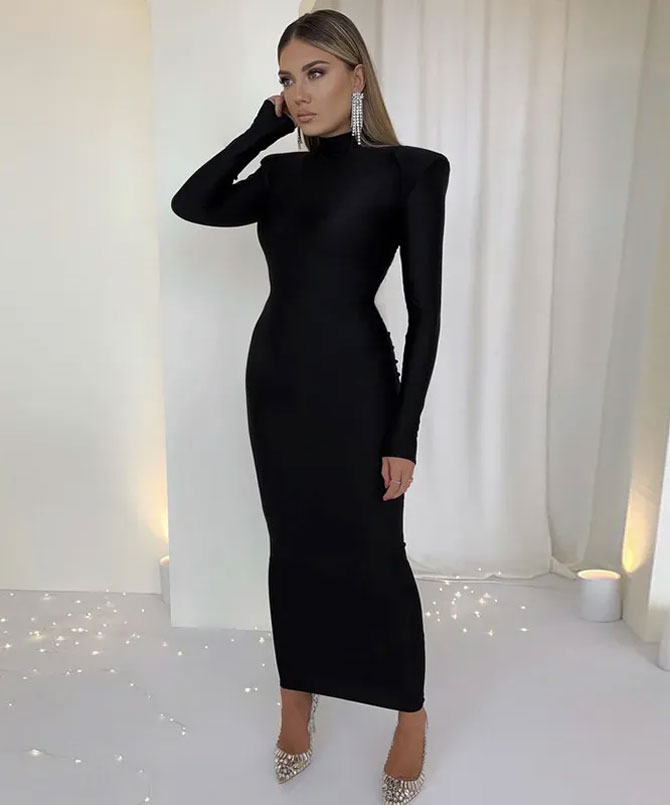 Black Long Sleeve Bodycon Dress - Torfeo