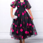 Mesh Floral Flare Dress - Torfeo