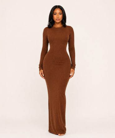 Coffee O-Neck Bodycon Maxi Dress - TORFEO