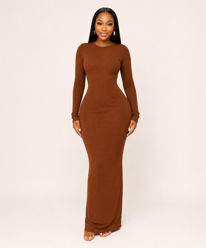 Coffee O-Neck Bodycon Maxi Dress - TORFEO