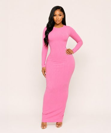 Pink O-Neck Bodycon Maxi Dress - TORFEO
