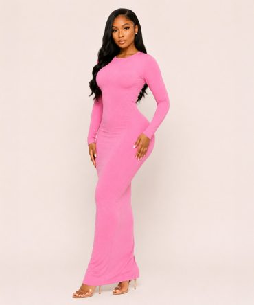 Pink O-Neck Bodycon Maxi Dress - TORFEO