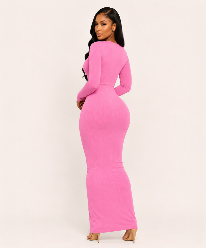 Pink O-Neck Bodycon Maxi Dress - TORFEO