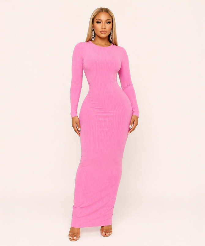Pink O-Neck Bodycon Maxi Dress - TORFEO