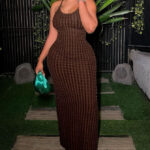 Coffee Spaghetti Strap Long Dress - Torfeo