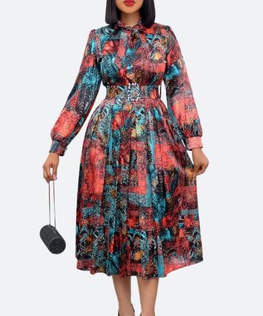 Red Bowtie Retro Print Dress - TORFEO