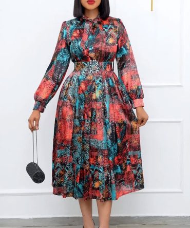 Red Bowtie Retro Print Dress - TORFEO