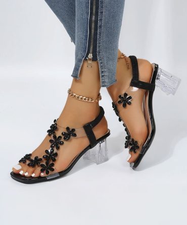 Black Chunky Square Heel Sandals - TORFEO