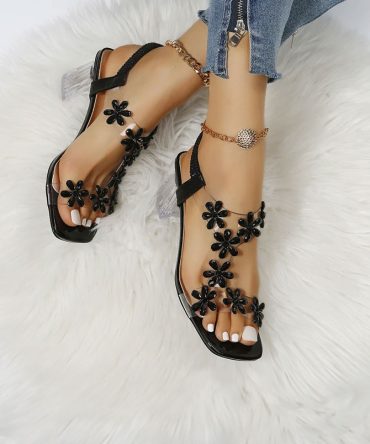 Black Chunky Square Heel Sandals - TORFEO