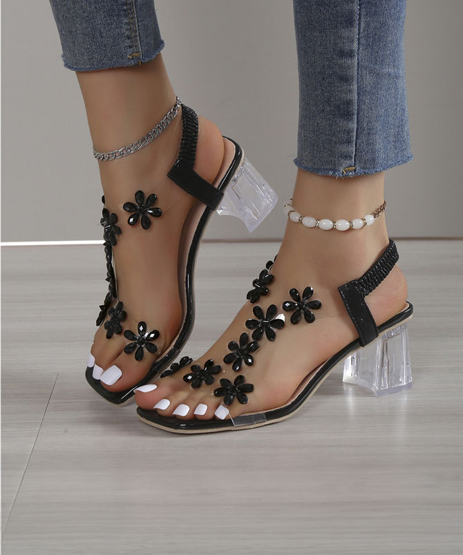 Black Chunky Square Heel Sandals - TORFEO