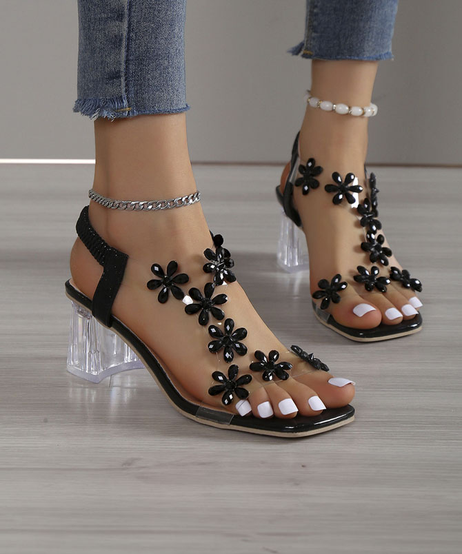 Black Chunky Square Heel Sandals - TORFEO