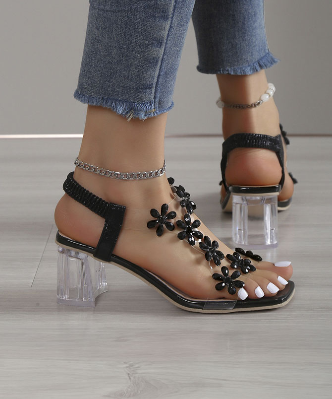 Black Chunky Square Heel Sandals - TORFEO