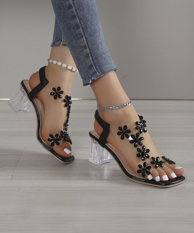 Black Chunky Square Heel Sandals - TORFEO