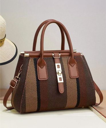 Coffee Contrasting Striped Handbag - TORFEO