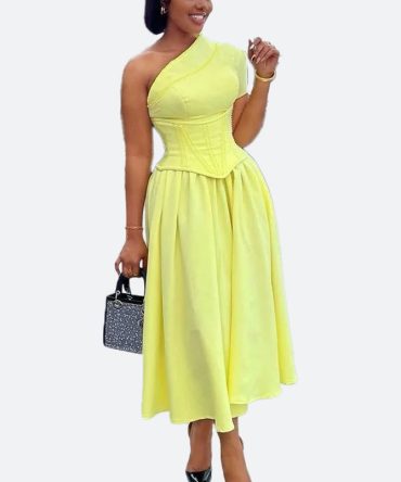 Yellow Drawstring Corset A-Line Dress - TORFEO