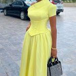 Yellow Drawstring Corset A-Line Dress - TORFEO