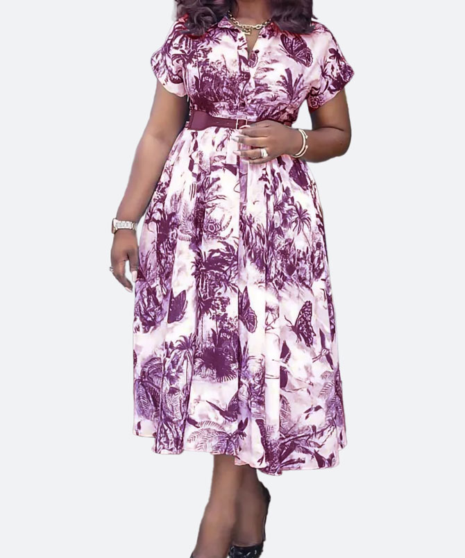 Purple Print Freya Belted Print Dress - TORFEO