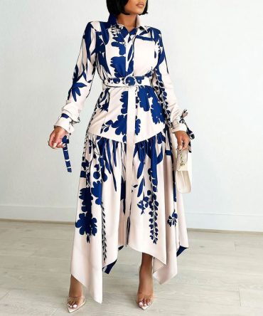 White and Blue Irregular Hem Print Dress - TORFEO