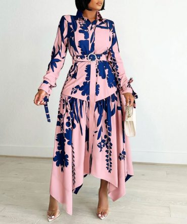 Pink and Blue Irregular Hem Print Dress - TORFEO