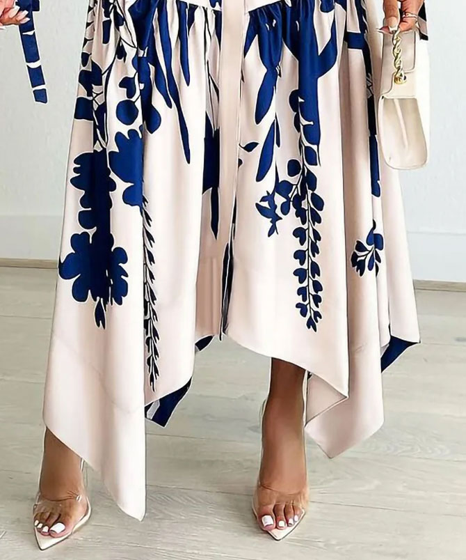 White and Blue Irregular Hem Print Dress - TORFEO