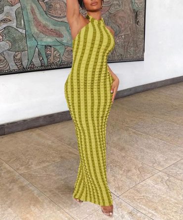 Green-Yellow Mia Sleeveless Halter Dress - TORFEO