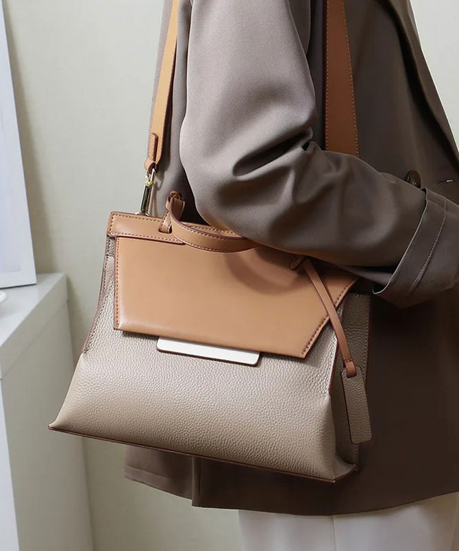 Khaki Patchwork Top Handle Bag - TORFEO