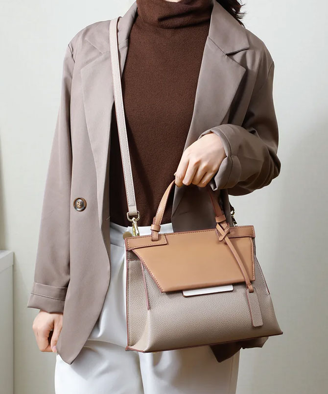 Khaki Patchwork Top Handle Bag - TORFEO