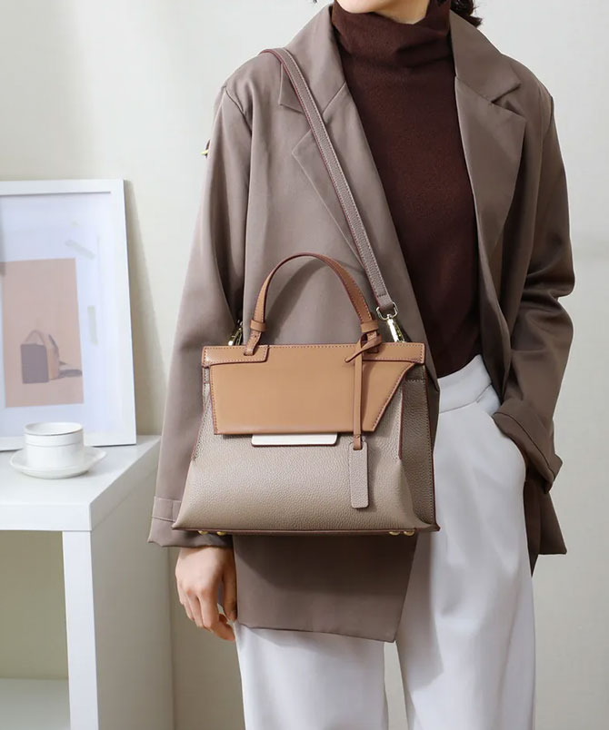 Khaki Patchwork Top Handle Bag - TORFEO