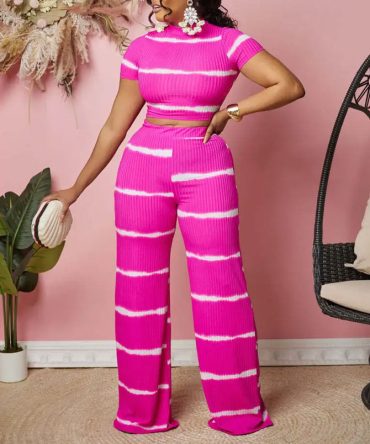 Pink Ribbed Two Piece Pants Set - TORFEO