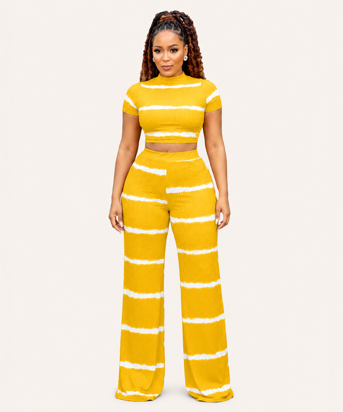 Yellow Ribbed Two Piece Pants Set - TORFEO