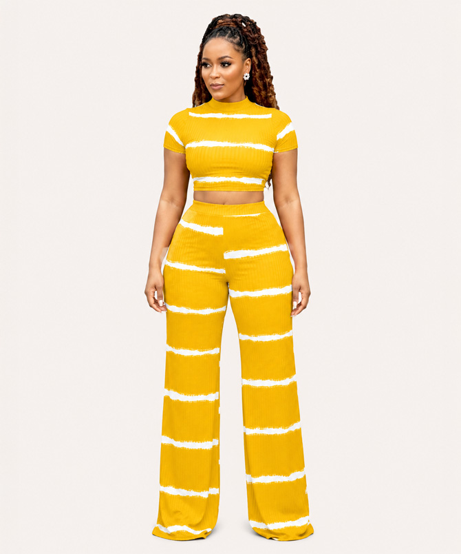 Yellow Ribbed Two Piece Pants Set - TORFEO