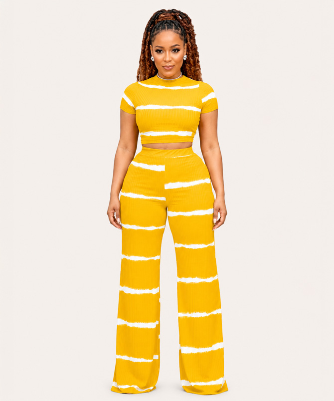 Yellow Ribbed Two Piece Pants Set - TORFEO