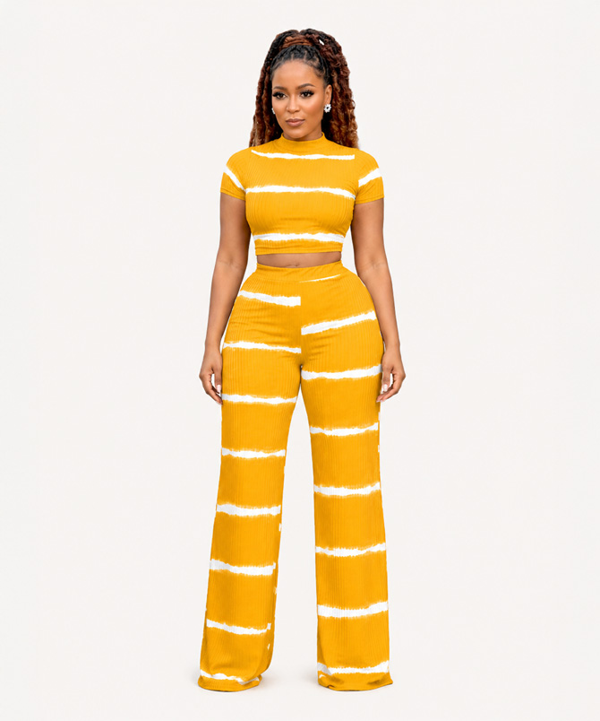 Yellow Ribbed Two Piece Pants Set - TORFEO