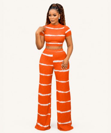 Orange Ribbed Two Piece Pants Set - TORFEO