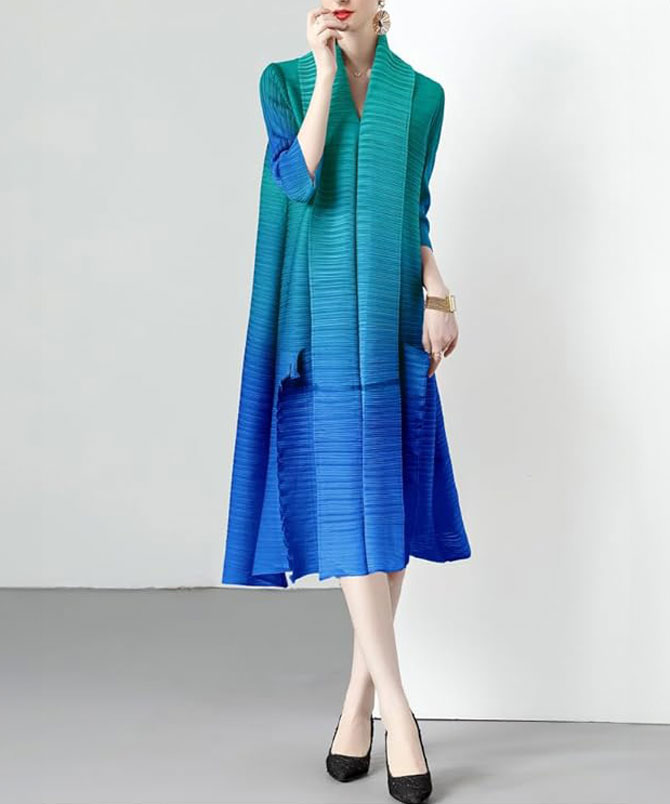 Blue Color Contrast Miyake Dress - TORFEO