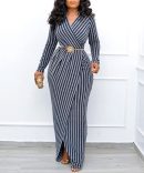 Gray Belted Stripe Wrap Dress - TORFEO